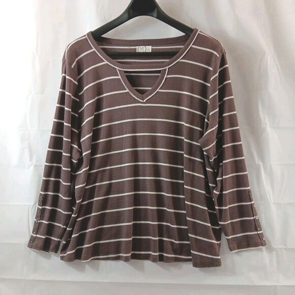 24/7 Maurices Blouse Women's Size 3X Brown White Striped Button Accents * - Picture 1 of 8
